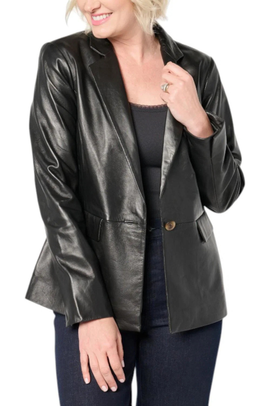 Denim & Co. Women's Lamb Leather Blazer Black - Plus